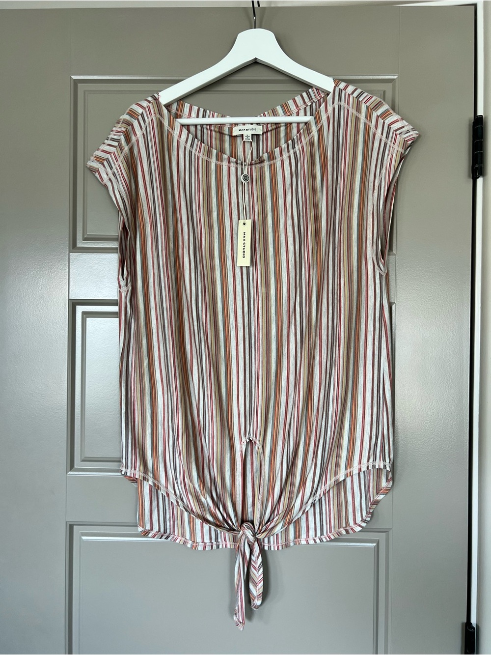 Max Studio Striped Tie-Front Cap Sleeve Top - Rust, Olive, Cream